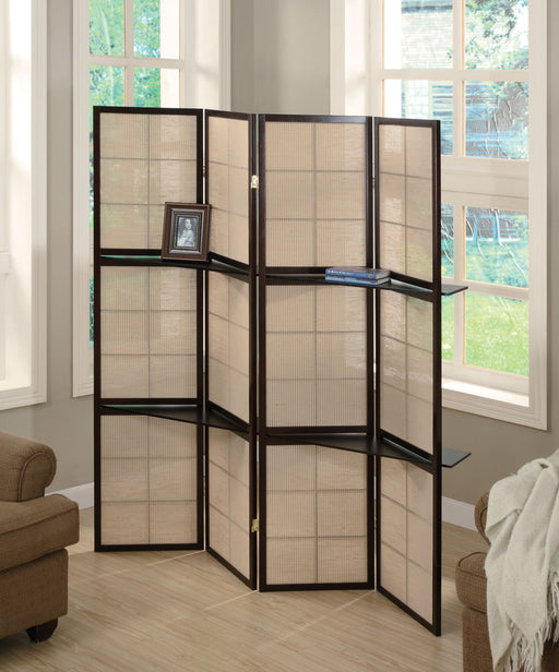 Iggy 4-panel Folding Screen with Removable Shelves Tan and Cappuccino - CasaBella Furniture (San Antonio, TX)