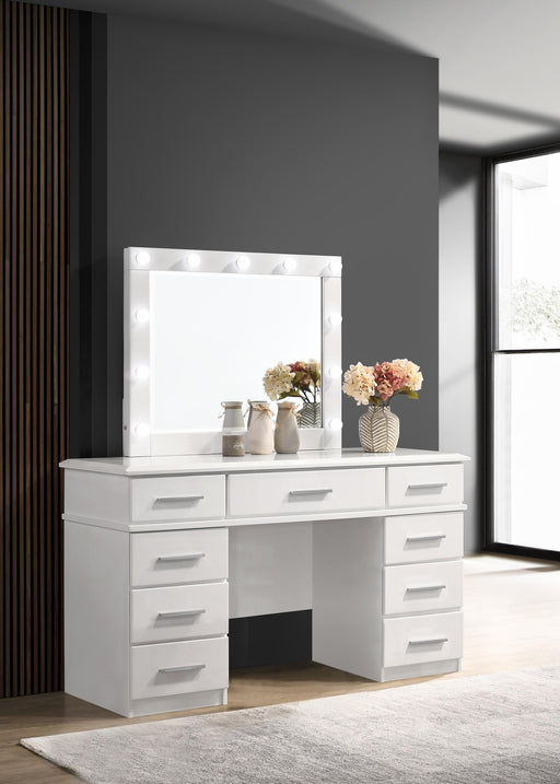 Felicity 9-drawer Vanity Desk with Lighted Mirror Glossy White - CasaBella Furniture (San Antonio, TX)