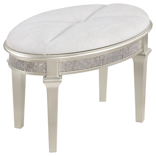 Evangeline Oval Vanity Stool with Faux Diamond Trim Silver and Ivory - CasaBella Furniture (San Antonio, TX)