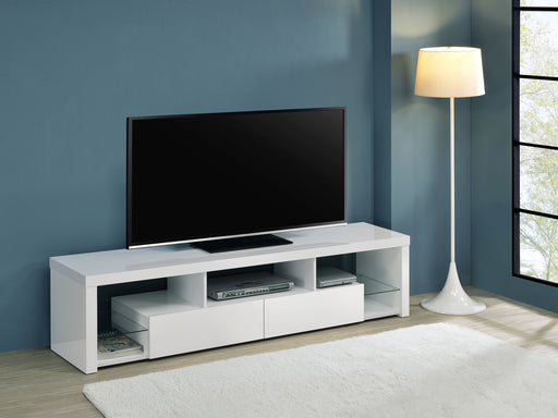 Jude 2-drawer 71" TV Stand With Shelving White High Gloss - CasaBella Furniture (San Antonio, TX)