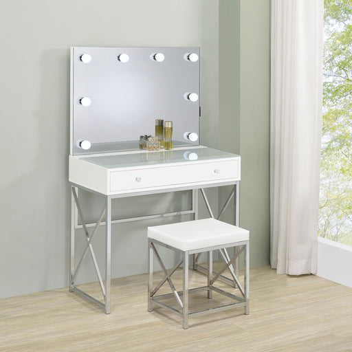 Eliza 2-piece Vanity Set with Hollywood Lighting White and Chrome - CasaBella Furniture (San Antonio, TX)