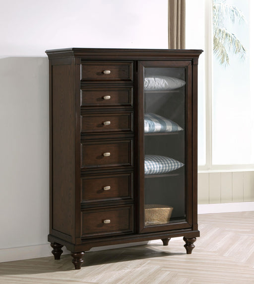 Andover 6-drawer Tempered Glass Door Chest Dark Oak - CasaBella Furniture (San Antonio, TX)