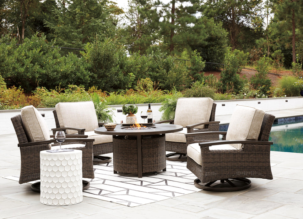 Paradise Trail Paradise Trail Fire Pit Table with 4 Nuvella Swivel Lounge Chairs - CasaBella Furniture (San Antonio, TX)