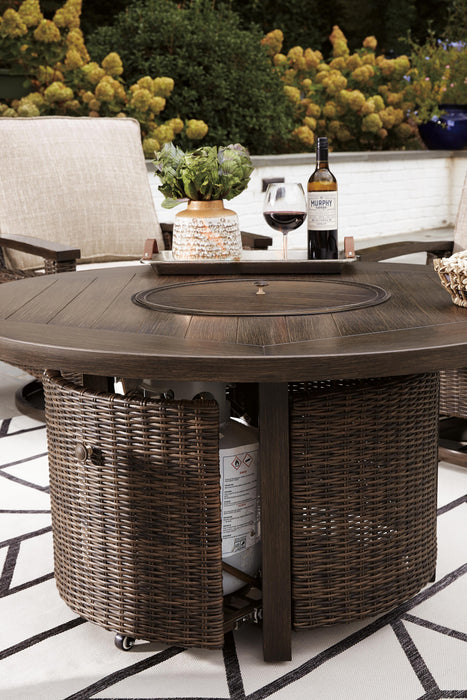 Paradise Trail Paradise Trail Fire Pit Table with 4 Nuvella Swivel Lounge Chairs - CasaBella Furniture (San Antonio, TX)