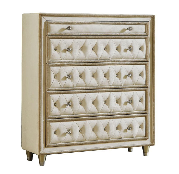 Antonella 5-drawer Upholstered Chest Ivory and Camel - CasaBella Furniture (San Antonio, TX)