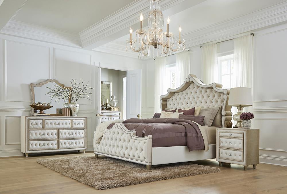 Antonella 5-drawer Upholstered Chest Ivory and Camel - CasaBella Furniture (San Antonio, TX)